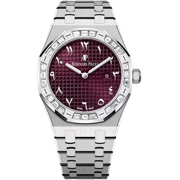 Audemars Piguet Royal Oak Red Arabic Dial Quartz White Gold Diamond Bezel 33mm