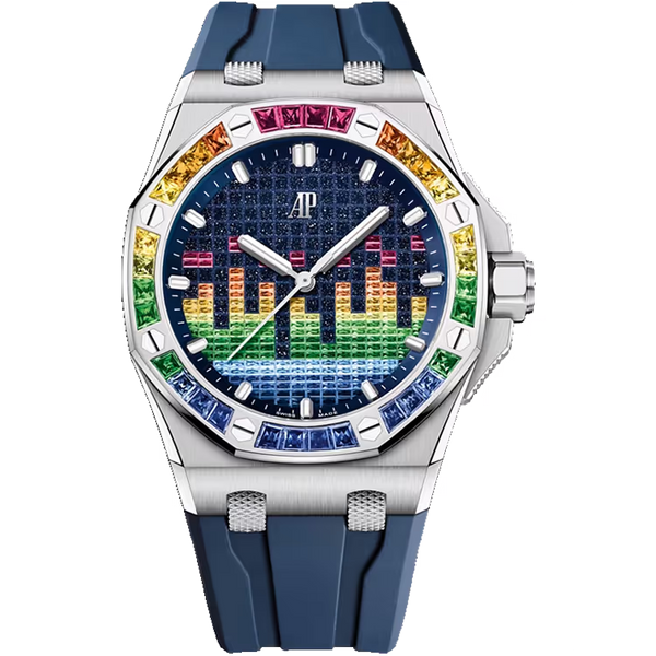 Audemars Piguet Royal Oak Offshore Blue Dial Music Edition White Gold Rainbow Bezel Rubber Strap 43mm