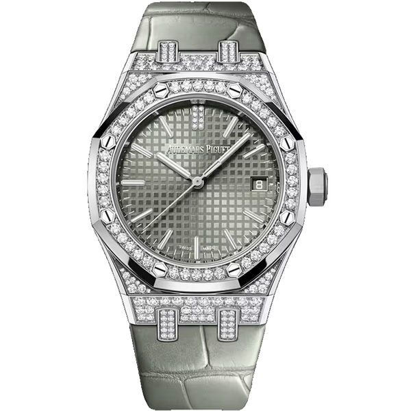 Audemars Piguet Royal Oak Green Dial White Gold Diamond Bezel Leather Strap 37mm