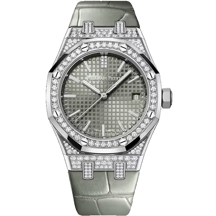 Audemars Piguet Royal Oak Green Dial White Gold Diamond Bezel Leather Strap 37mm - Image 1