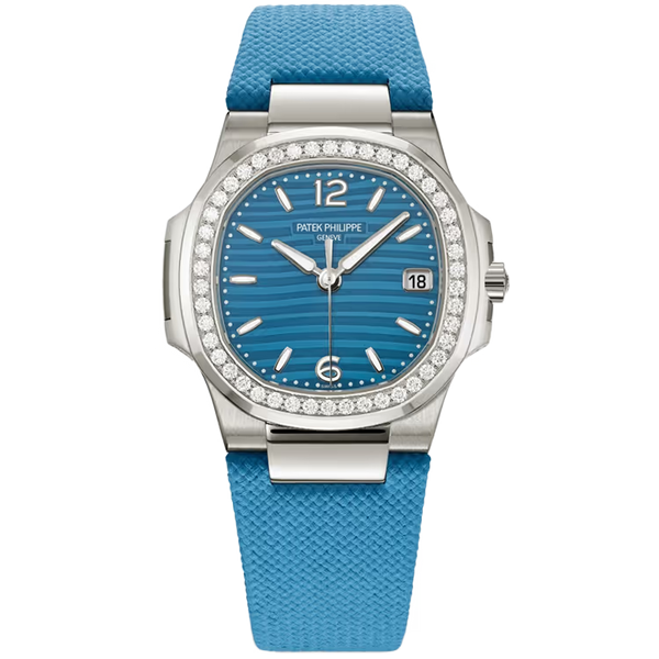 Patek Philippe Lady Nautilus Blue Dial White Gold Diamond Bezel Rubber Strap 32mm