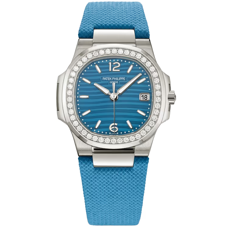 Patek Philippe Lady Nautilus Blue Dial White Gold Diamond Bezel Rubber Strap 32mm - Image 1