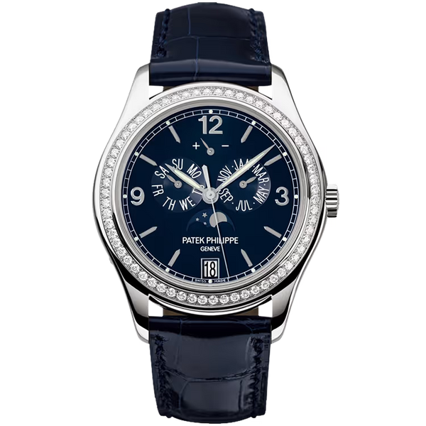 Patek Philippe Complications Blue Dial Annual Calendar Moon Phase White Gold Diamond Bezel Leather Strap 39mm