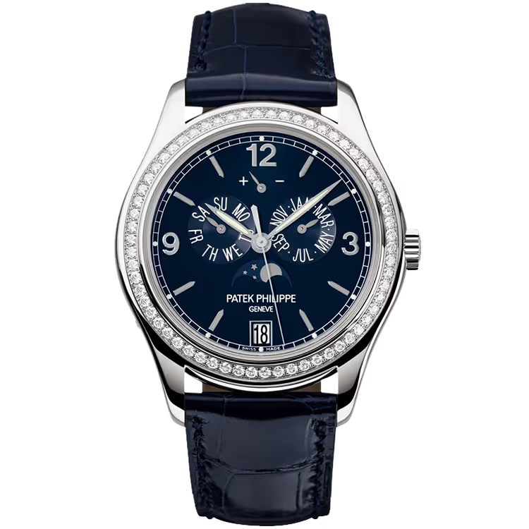 Patek Philippe Complications Blue Dial Annual Calendar Moon Phase White Gold Diamond Bezel Leather Strap 39mm - Image 1