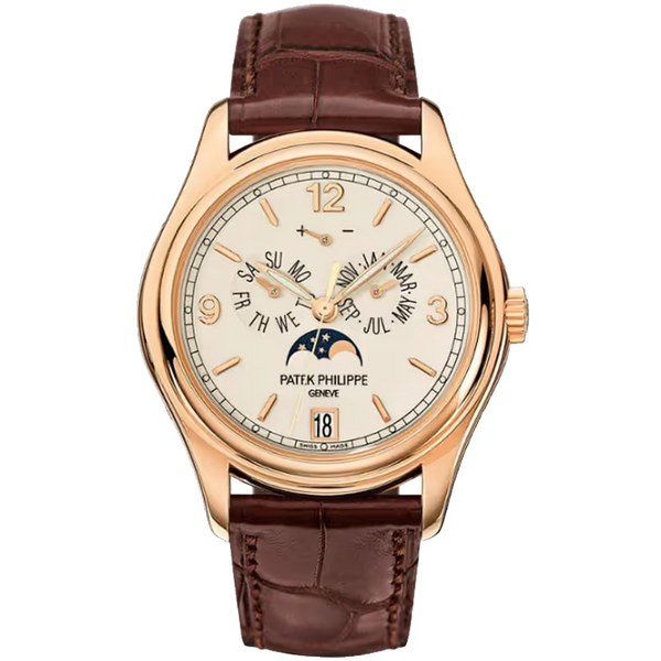 Patek Philippe Complications White Dial Annual Calendar Moon Phase Rose Gold Leather Strap 39mm