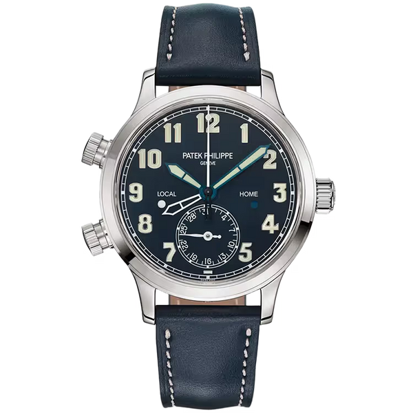 Patek Philippe Complications Blue Dial Calatrava Pilot Travel Time White Gold Leather Strap 38mm