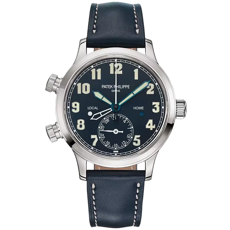 Patek Philippe Complications Blue Dial Calatrava Pilot Travel Time White Gold Leather Strap 38mm - Image 1