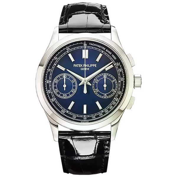Patek Philippe Complications Blue Diamond Dial Chronograph Platinum Leather Strap 39mm