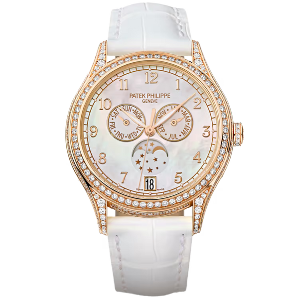 Patek Philippe Complications Mother of Pearl Dial Annual Calendar Moon Phase Rose Gold Diamond Bezel Leather Strap 38mm