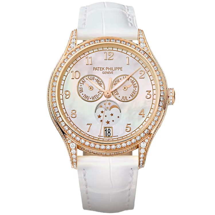 Patek Philippe Complications Mother of Pearl Dial Annual Calendar Moon Phase Rose Gold Diamond Bezel Leather Strap 38mm - Image 1