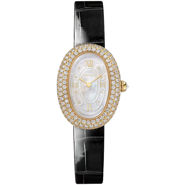 Cartier Baignoire Mother of Pearl Dial Small Model Yellow Gold Diamond Bezel Leather Bracelet 31mm