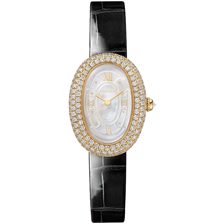 Cartier Baignoire Mother of Pearl Dial Small Model Yellow Gold Diamond Bezel Leather Bracelet 31mm - Image 1