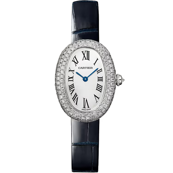 Cartier Baignoire White Dial Small Model White Gold Diamond Bezel Leather Bracelet 32mm