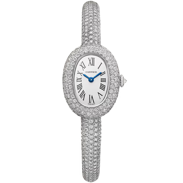 Cartier Baignoire White Dial Mini Model Size 15 White Gold Diamond Bezel Diamond Bracelet 25mm