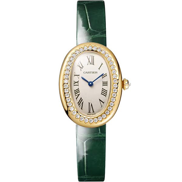 Cartier Baignoire White Dial Small Model Size 17 Yellow Gold Diamond Bezel Leather Bracelet 31mm