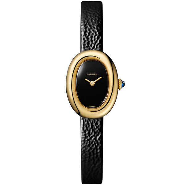 Cartier Baignoire Black Dial Mini Model Yellow Gold Leather Bracelet 25mm