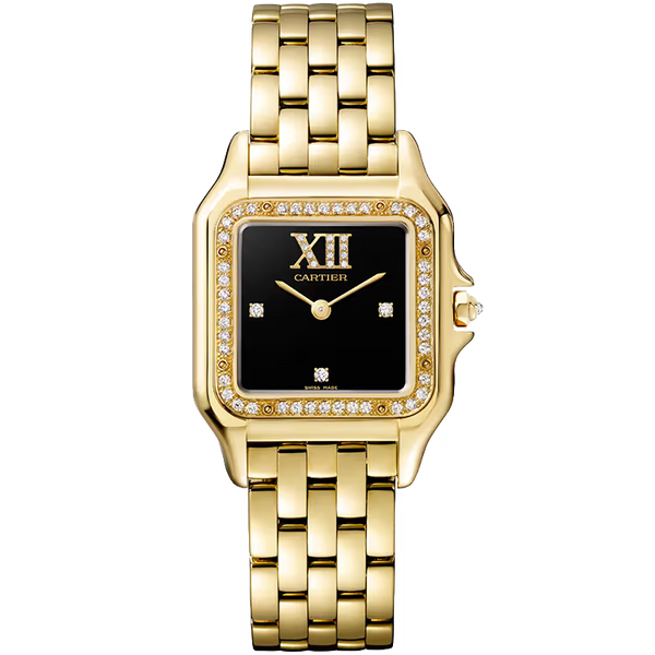 Cartier Panthere Black Dial Medium Model Yellow Gold Diamond Bezel 37mm