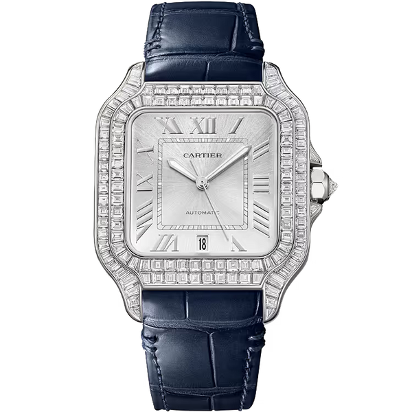 Cartier Santos Silver Dial Large Model White Gold Diamond Bezel Leather Bracelet 48mm