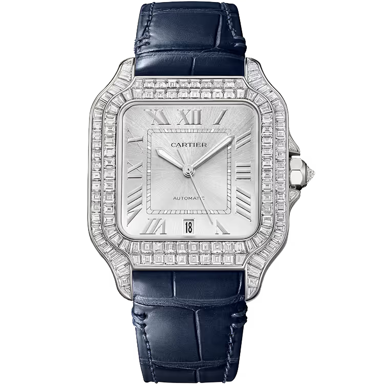 Cartier Santos Silver Dial Large Model White Gold Diamond Bezel Leather Bracelet 48mm - Image 1
