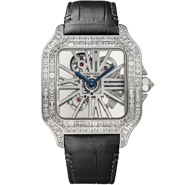 Cartier Santos Skeleton Dial White Gold Diamond Bezel Leather Bracelet 48mm