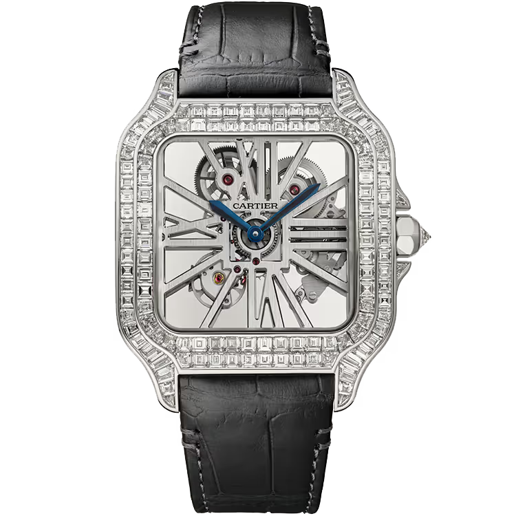Cartier Santos Skeleton Dial White Gold Diamond Bezel Leather Bracelet 48mm - Image 1
