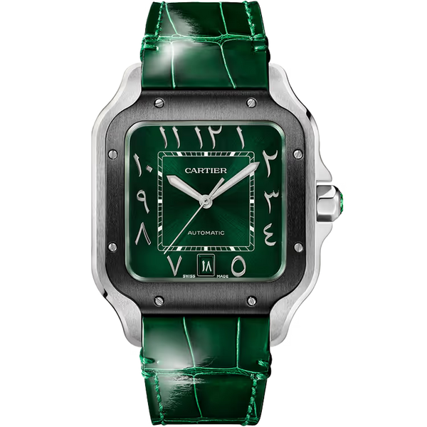 Cartier Santos Green Arabic Dial Large Model Stainless Steel Leather Bracelet 40mm