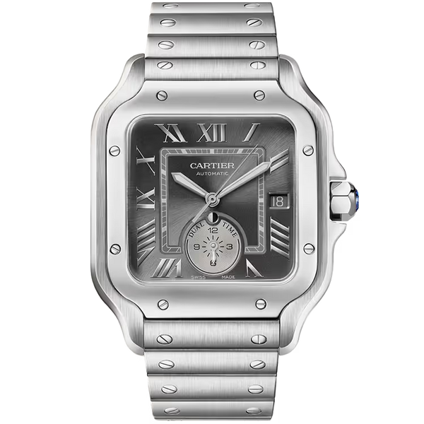 Cartier Santos Grey Dial Large Model Dual Time Stainless Steel 47mm