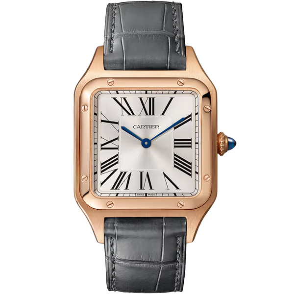 Cartier Santos Silver Dial Large Model Rose Gold Leather Bracelet 44mm