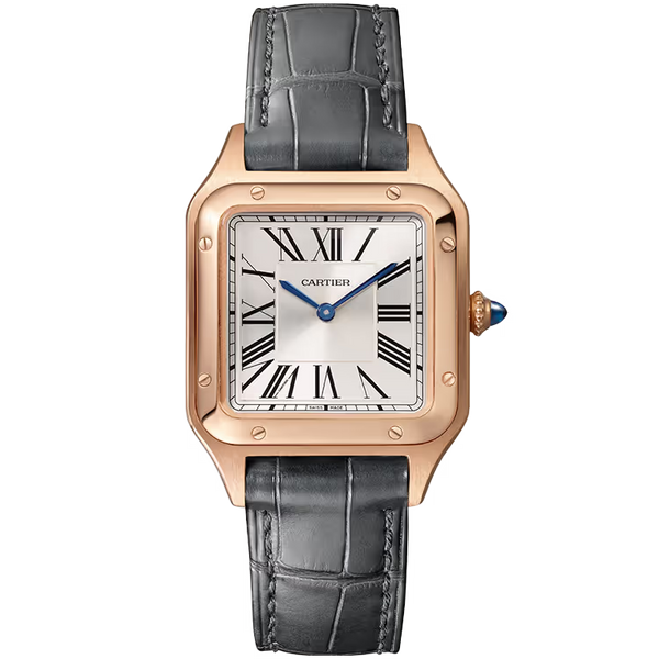 Cartier Santos Silver Dial Small Model Rose Gold Leather Bracelet 38mm