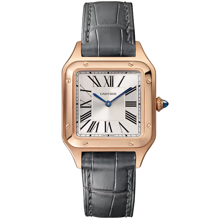 Cartier Santos Silver Dial Small Model Rose Gold Leather Bracelet 38mm - Image 1