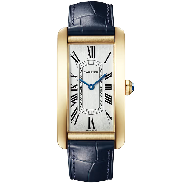 Cartier Tank Silver Dial Americaine Large Model Yellow Gold Leather Bracelet 44mm