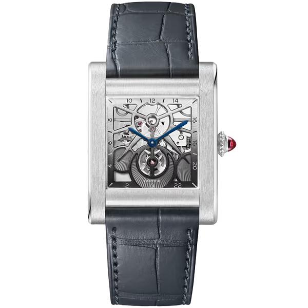 Cartier Tank Skeleton Dial Normale Platinum Leather Bracelet 35mm