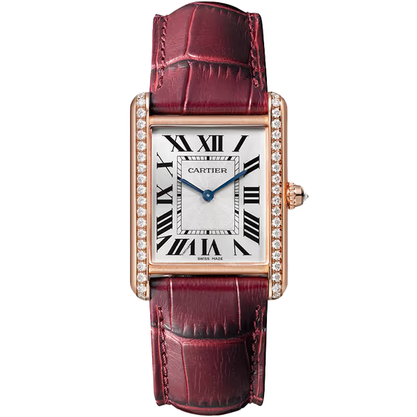 Cartier Tank Silver Dial Louis Large Model Rose Gold Diamond Bezel Leather Bracelet 34mm