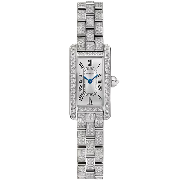 Cartier Tank Silver Dial Americaine Mini Model White Gold Diamond Bezel 28mm