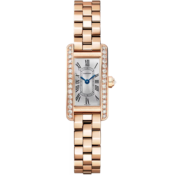 Cartier Tank Silver Dial Americaine Mini Model Rose Gold Diamond Bezel 28mm