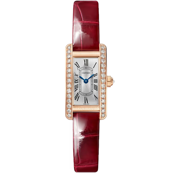 Cartier Tank Silver Dial Americaine Mini Model Rose Gold Diamond Bezel Leather Bracelet 34mm