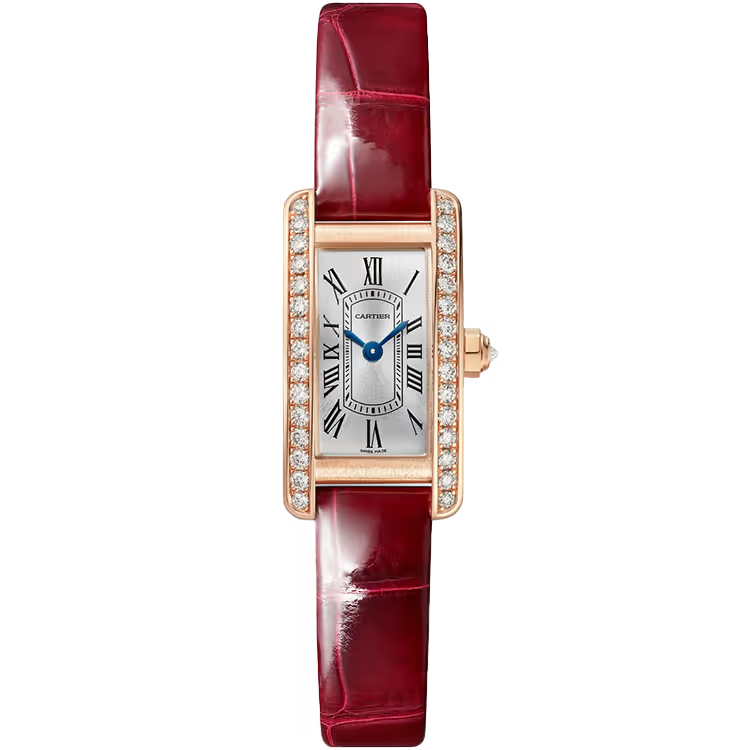 Cartier Tank Silver Dial Americaine Mini Model Rose Gold Diamond Bezel Leather Bracelet 34mm - Image 1