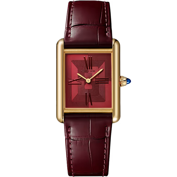 Cartier Tank Red Motif Dial Louis Large Model Yellow Gold Leather Bracelet 34mm