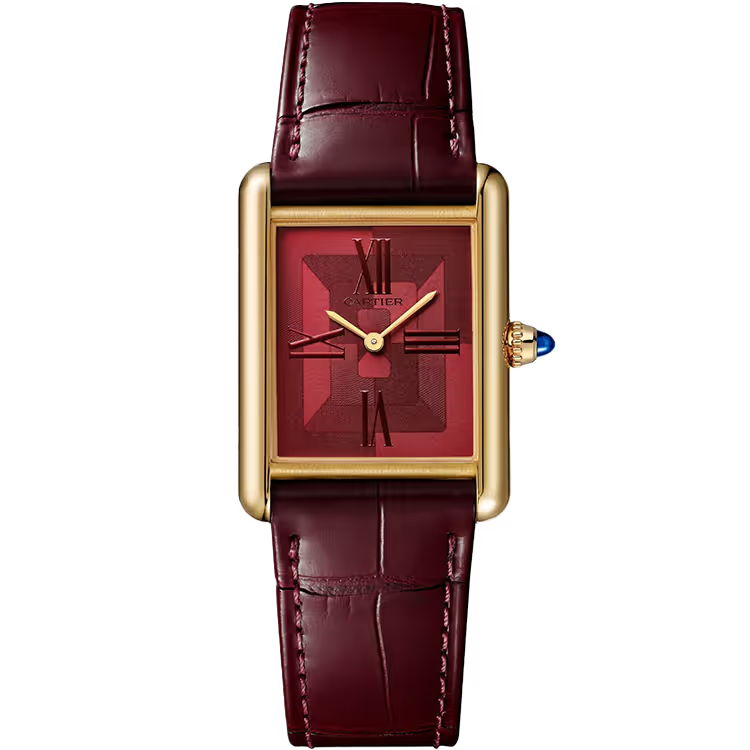 Cartier Tank Red Motif Dial Louis Large Model Yellow Gold Leather Bracelet 34mm - Image 1