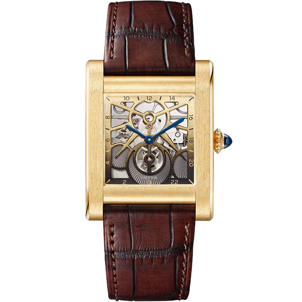 Cartier Tank Skeleton Dial Normale Yellow Gold Leather Bracelet 35mm
