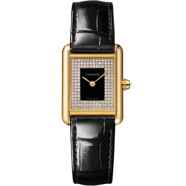 Cartier Tank Black Dial Louis Small Model Yellow Gold Leather Bracelet 30mm