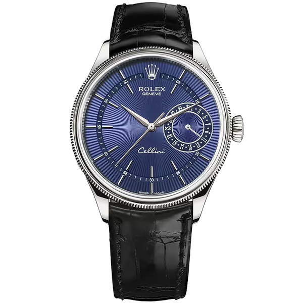 Rolex Cellini Blue Dial White Gold Black Leather Strap 39mm