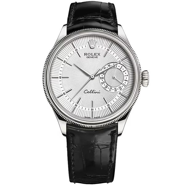 Rolex Cellini Silver Dial White Gold Black Leather Strap 39mm