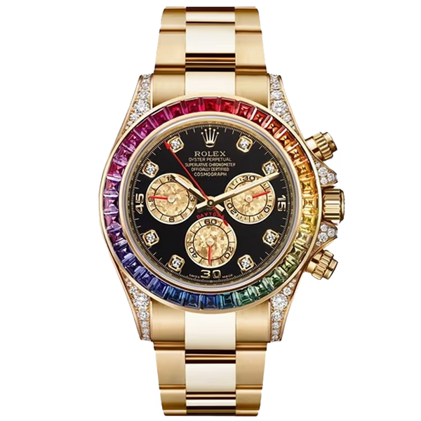 Rolex Daytona Black Dial Chronograph Yellow Gold Diamond Bezel Oyster Bracelet 40mm