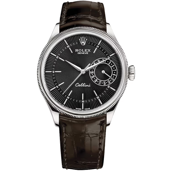 Rolex Cellini Black Dial White Gold Chocolate Leather Strap 39mm