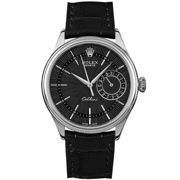 Rolex Cellini Black Dial White Gold Black Leather Strap 39mm
