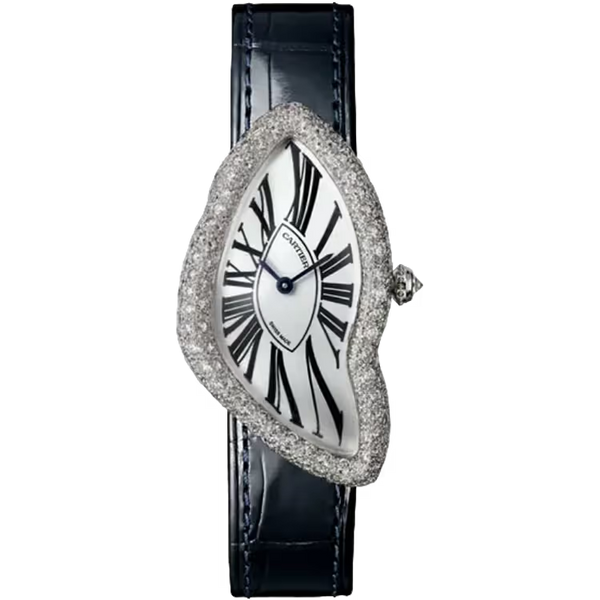 Cartier Crash Silver Dial White Gold Diamond Bezel Leather Bracelet 42mm