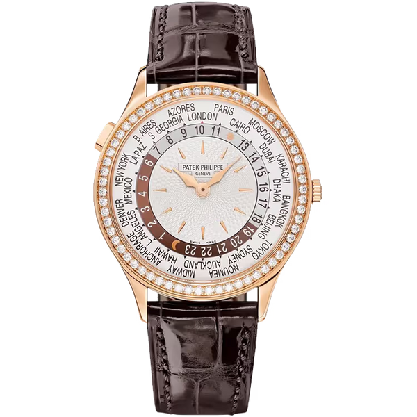 Patek Philippe Complications White Dial World Time Rose Gold Diamond Bezel Leather Strap 36mm