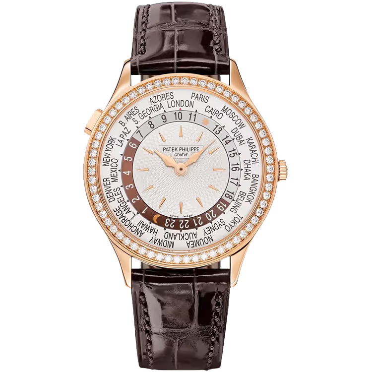 Patek Philippe Complications White Dial World Time Rose Gold Diamond Bezel Leather Strap 36mm - Image 1