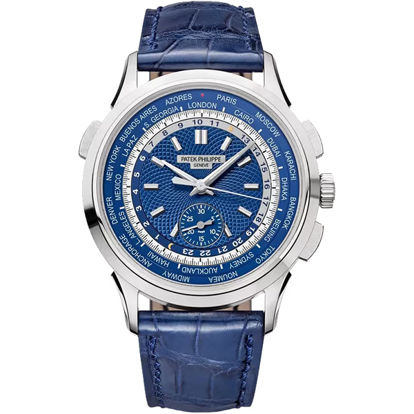 Patek Philippe Complications Blue Dial World Time Annual Calendar Chronograph White Gold Leather Strap 40mm